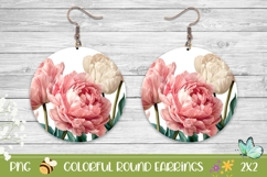 Pink Peony Round Earrings, Flowers Earrings PNG Product Image 1