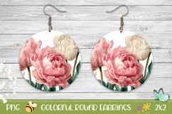 Pink Peony Round Earrings, Flowers Earrings PNG Product Image 1