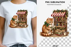 Christmas bookish cat png design for T-shirts Product Image 1