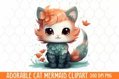 Adorable Cat Mermaid Clipart, Watercolor Clipart Product Image 1