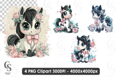 Cute Baby Horse with Pink Bow Floral Pony Clipart PNG Product Image 1