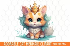 Adorable Cat Mermaid Clipart, Watercolor Clipart Product Image 1