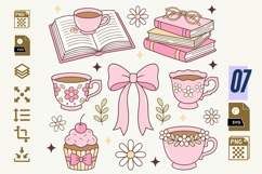 Coquette Tea Time Clipart PNG SVG, Pink Bookish Aesthetic Product Image 1