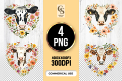 Cow Floral Heart Clipart Sublimation PNG Product Image 1