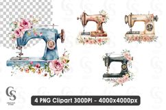 Vintage Sewing Machine with Flowers Watercolor Clipart Product Image 1