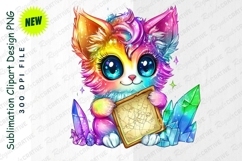 Rainbow Kitten Holding A Map Among Crystals Clipart Product Image 1