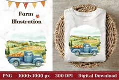 Blue Farm Truck Illustration, Watercolor Farm Pumpkins PNG Product Image 1