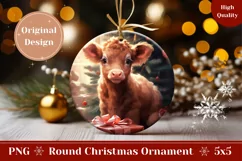Christmas Cow Round Ornament, Highland Cow Sublimation PNG Product Image 1
