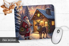 Santa and Reindeer in a Snowy Cabin Scene Mouse Pad PNG Product Image 1