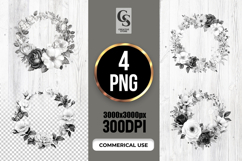 Black White Floral Wreath Clipart Sublimation PNG Product Image 1