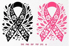 Black Cancer Ribbon SVG, Cancer Awareness Floral Ribbon SVG Product Image 1