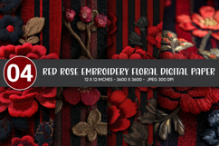 Red Rose Embroidery Floral Digital Paper Product Image 1