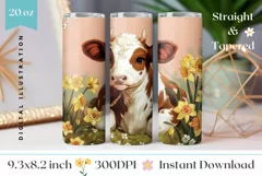 Baby Cow Tumbler Design, Daffodils Tumbler Sublimation PNG Product Image 1