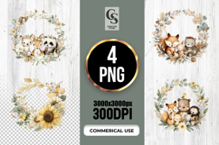 Woodland Animals Floral Wreath Clipart Sublimation PNG Product Image 1