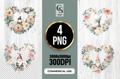 Rose Heart Gnome Wreath Watercolor Clipart Sublimation PNG Product Image 1