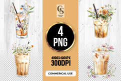 Floral Iced Coffee Watercolor Clipart Sublimation PNG Product Image 1