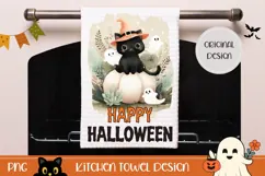 Happy Halloween Towel, Watercolor Black Cat Towel Template Product Image 1