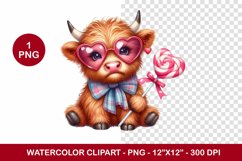 valentine png watercolor clipart - highland cow Product Image 1