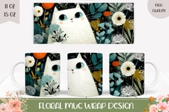 Cartoon Cat Mug Wrap, Floral Mug, White Cat With Flowers Product Image 1