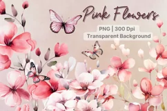 Pink flower clipart, Watercolor butterfly Garden clipart Product Image 1