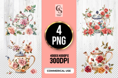 Rose Floral Teapot Clipart Sublimation PNG Product Image 1