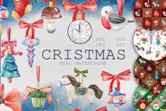 Vintage Watercolor Christmas Clipart & Seamless Patterns Product Image 1
