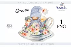 Watercolor gnome in a mug of tea with cookies, Gnome PNG Product Image 1
