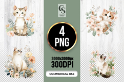 Floral Watercolor Cat Clipart PNG Product Image 1