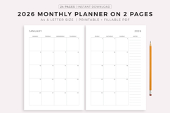2026 Monthly Planner Printable, Dated Month on 2 Pages Product Image 1