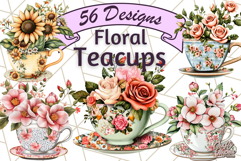 Vintage Floral Teacup Clipart PNG, Blooming Teacups Clip Art Product Image 1