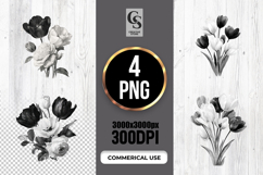 Black White Floral Tulips Clipart Sublimation PNG Product Image 1