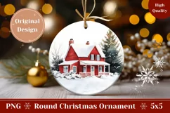Watercolor Christmas Round Ornament, Winter House PNG Product Image 1