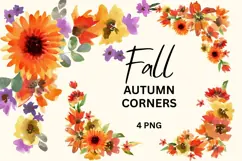 Fall Floral Watercolor Clipart. PNG Autumn Corners Product Image 1