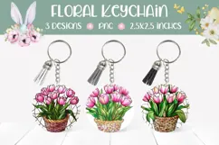 Stained Glass Flowers Round Keychain, Pink Tulips PNG Product Image 1