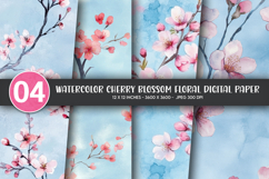 Watercolor Cherry Blossom Floral Digital Paper Product Image 1