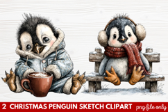 Christmas Penguin Sketch Clipart | Hand-Drawn Holiday Product Image 1