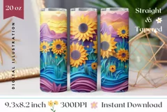 3D Flowers Tumbler Template, Paper Sunflowers Tumbler Wrap Product Image 1