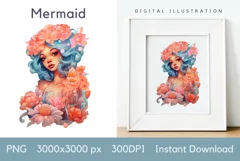 Blue Hair Mermaid PNG, Mermaid Sublimation Design Product Image 1