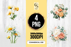 Watercolor Daisy and Rose Floral Clipart Sublimation PNG Product Image 1