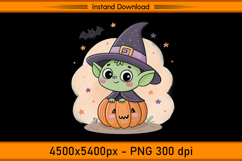 Cute Green Alien Pumpkin Witch Hat Sublimation Design PNG Product Image 1