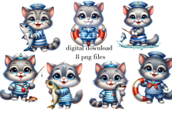 Sailor Cat PNG print, Cute cat with fish, Sailor Cat Design Product Image 1