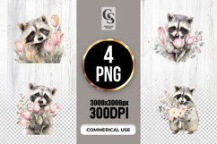Floral Tulip Raccoon Watercolor Clipart Sublimation PNG Product Image 1