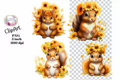 Sunflowers, squirrel, Ephemera, PNG, watercolor, Clipart Product Image 1