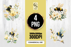 Watercolor Bee On Flowers Clipart Sublimation PNG Product Image 1