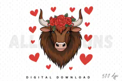 Long Hair cow Sublimation PNG, Valentine Day Sublimation PNG Product Image 1
