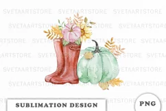 Watercolor Autumn red boots and pumpkin sublimation PNG Product Image 1