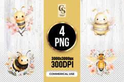 Watercolor Baby Bee Clipart With Flowers Sublimation PNG Product Image 1