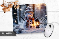 Snowman Holding Lantern in Snow Covered Forest Mouse Pad PNG Product Image 1