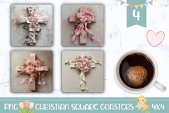 Christian Square Coasters, Floral Easter Cross Sublimation Product Image 1