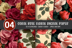 Coral Rose Floral Digital Paper Product Image 1